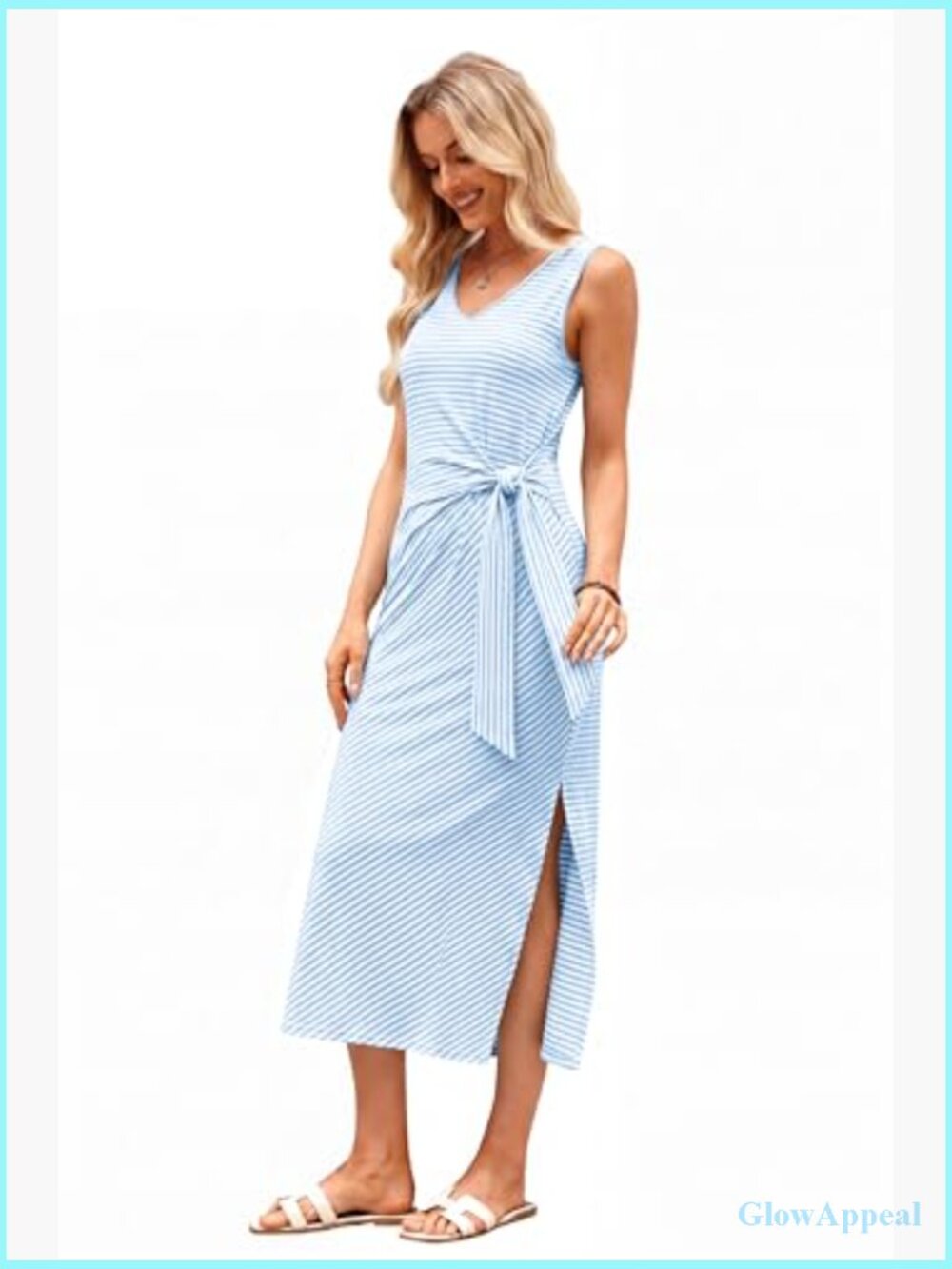 Women's Sleeveless V-Neck Midi Dress with Tie Waist Side Slit - Picture 4 of 7